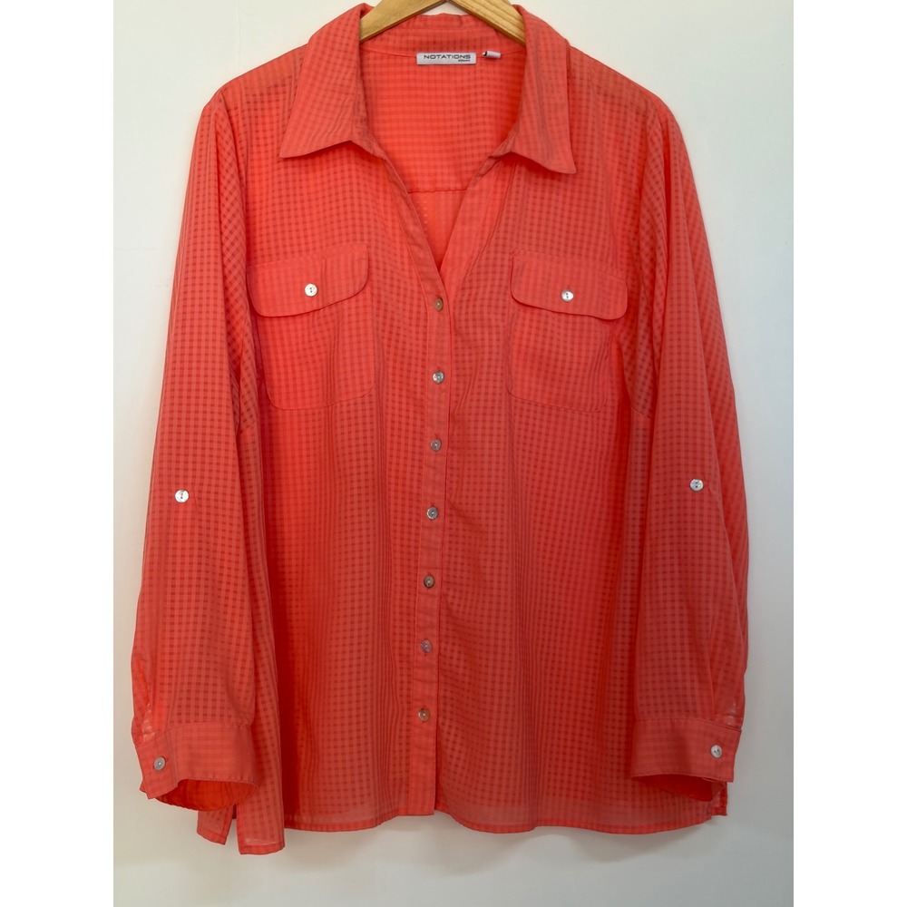 Notations Woman 3X Coral Check Blouse Roll Tab Sleeve Button Down Plus Size